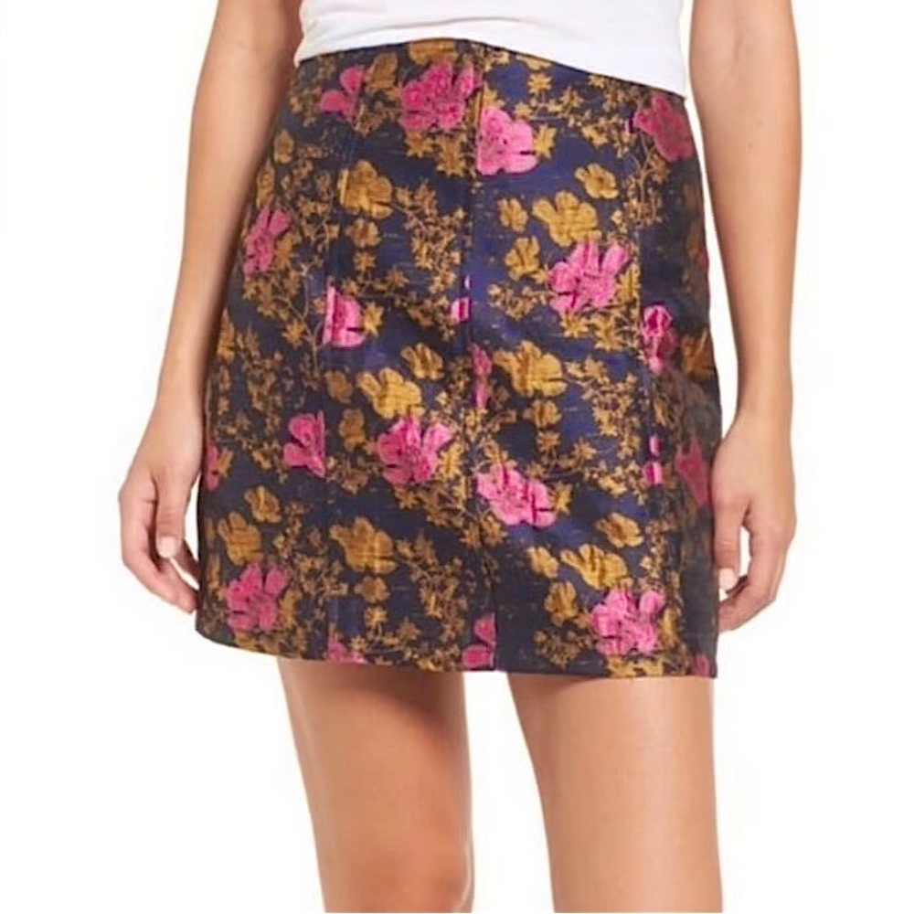NWT Leith | Women’s navy/pink/gold floral brocade mini skirt, side zipper, sz L